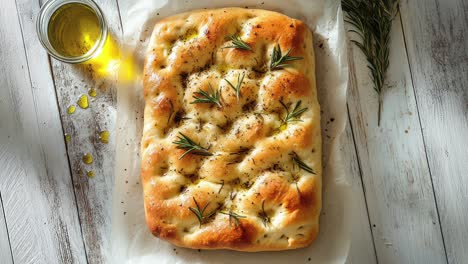 flat lay of golden brown rosemary focaccia on rustic table