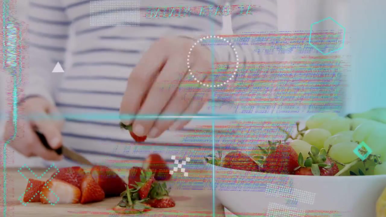 Woman reaching white bowl, slicing berries on cutting board, HUD overlays appearing preparing fruit