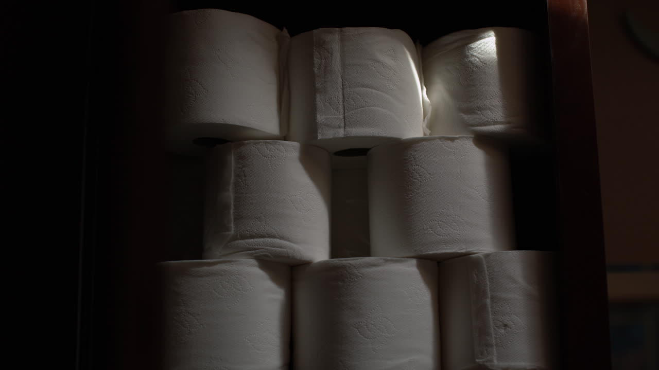 Stabilized slow zoom out shot of a stack of toilet paper in a cupboard