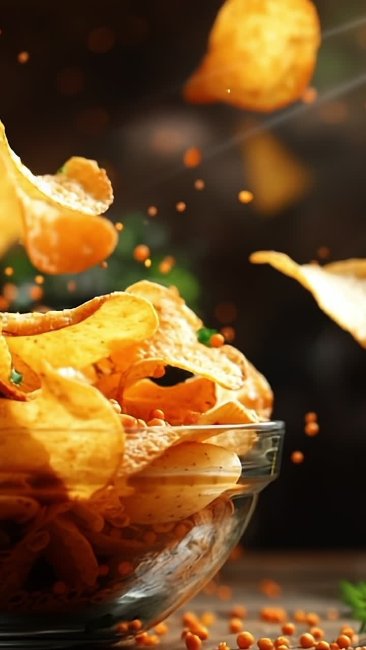 Golden potato chips fly in the air. Crispy potato chips are tossed into the air from a glass bowl, surrounded by fresh potatoes and vibrant greenery.