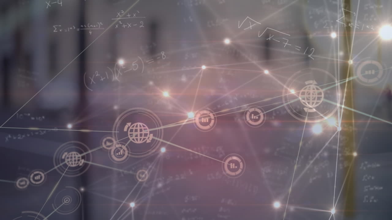 데이터 처리 및 도시에 대한 수학적 방정식과 연결 네트워크의 애니메이션