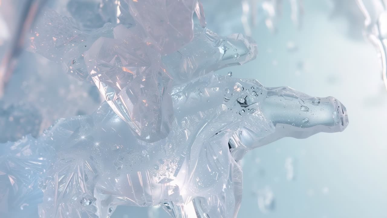 Melting ice crystals releasing droplets on macro photography setup from warmth, edges smoothing