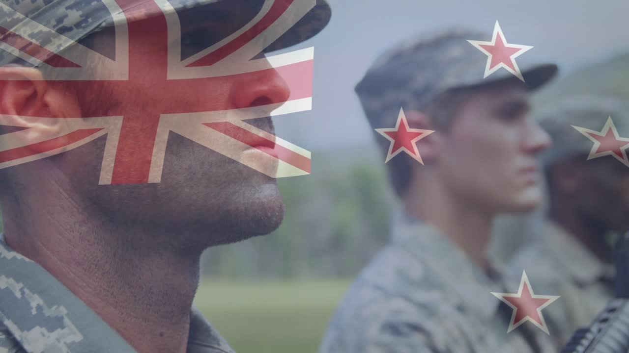Camera pulling back revealing three soldiers gripping rifles, flag overlay fading in defense drill