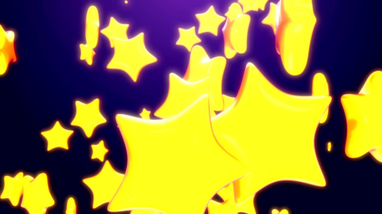 estrellas amarillas de dibujos animados 3d realistas volando y girando sobre fondo negro. concepto brillante abstracto para juegos o decoración de transmisión. animación 3d de bucle.