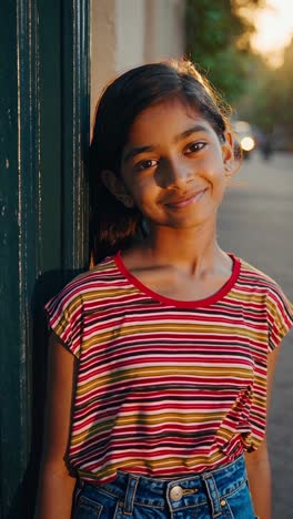 portrait of a young girl with long dark hair and striped t shirt leaning against a green wooden post, smiling serenely during the golden hour