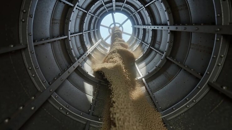 Pouring column of grain unloading from central outlet point, thickening inside metal silo with dust