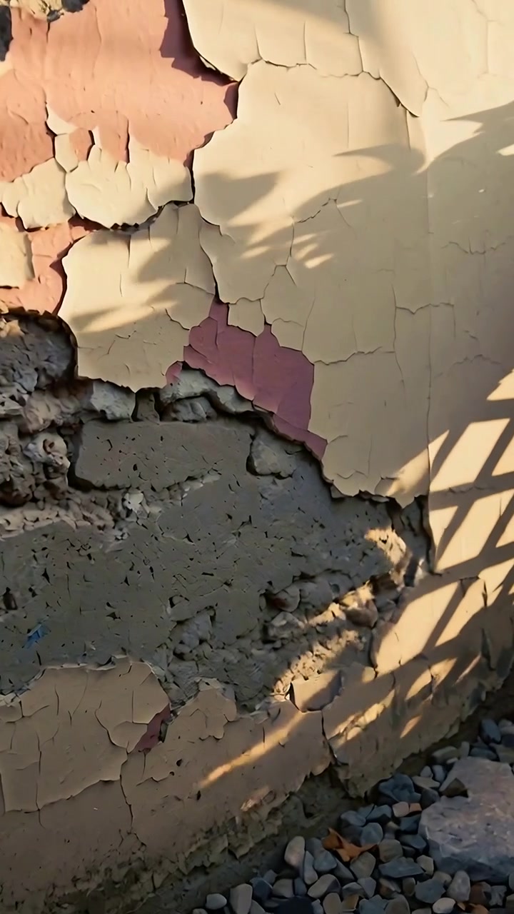 Vertical video: Panning camera right and down across wall, showing peeling paint