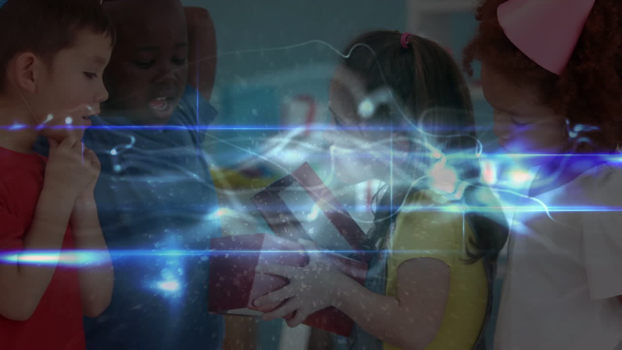 Animation of girl showing gift to multiracial friends at birthday party, waves with light effect