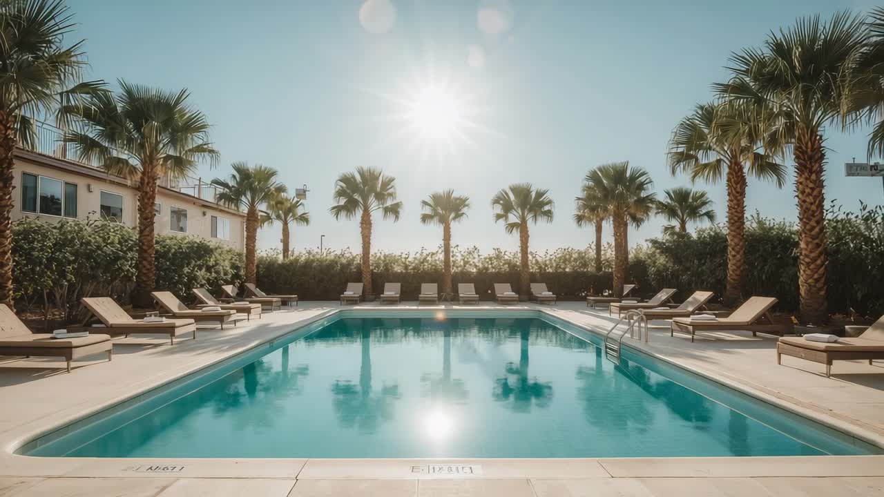 Shifting sun glare and light breeze creating ripples on rectangular pool at resort, chaise lounges