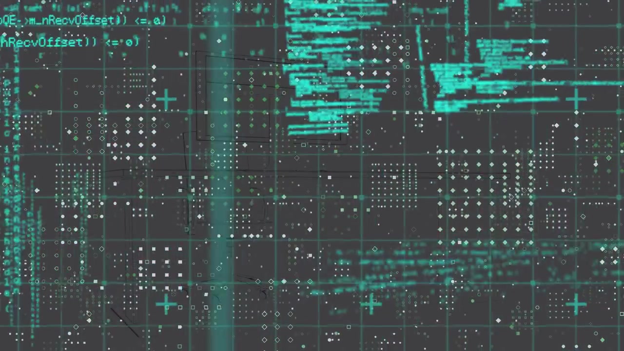 Animatie van een digitale infographic-interface met een rasterpatroon en computertaal die in een lus beweegt.