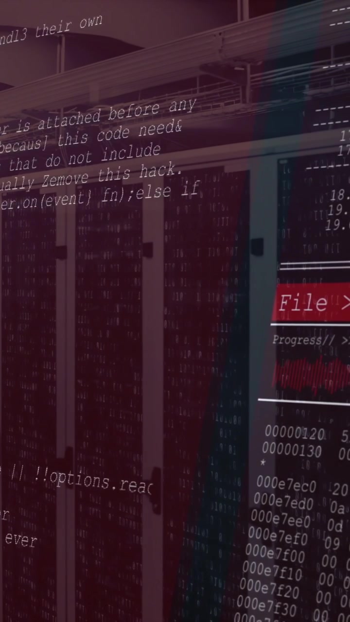 Animation of computer code overlaying server racks in data center
