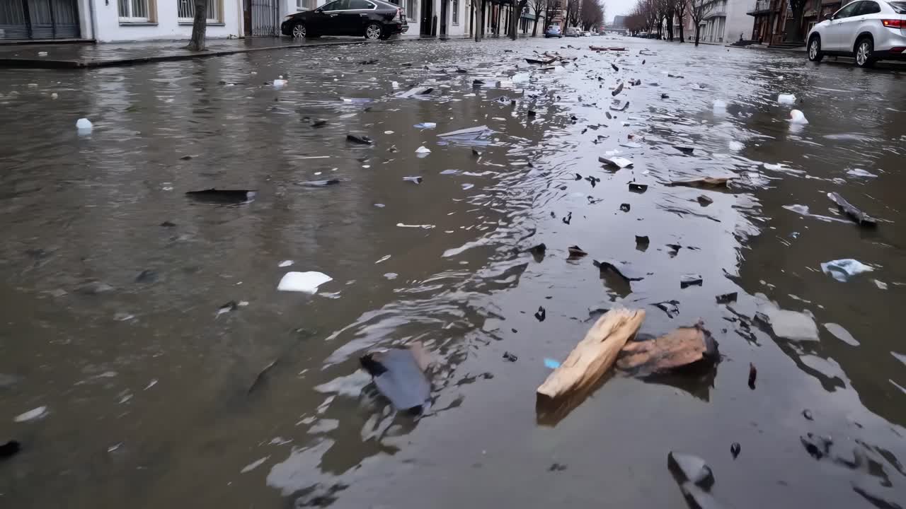 Street-level video of a flooded urban street, debris floating on water, captured from a low angle