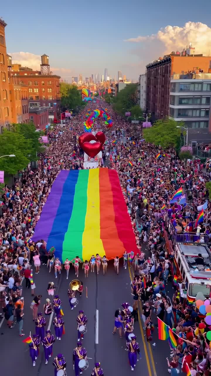 Sfilata vivace con bandiera arcobaleno da una vista aerea, che cattura l'energia festosa in un video