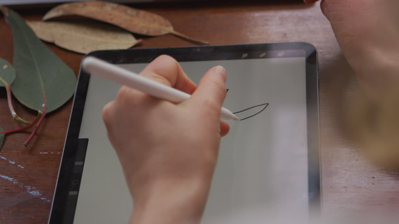Woman using iPad and stylus to draw plant