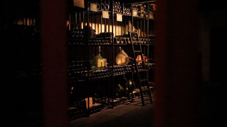 A wine cellar with bottles and a ladder