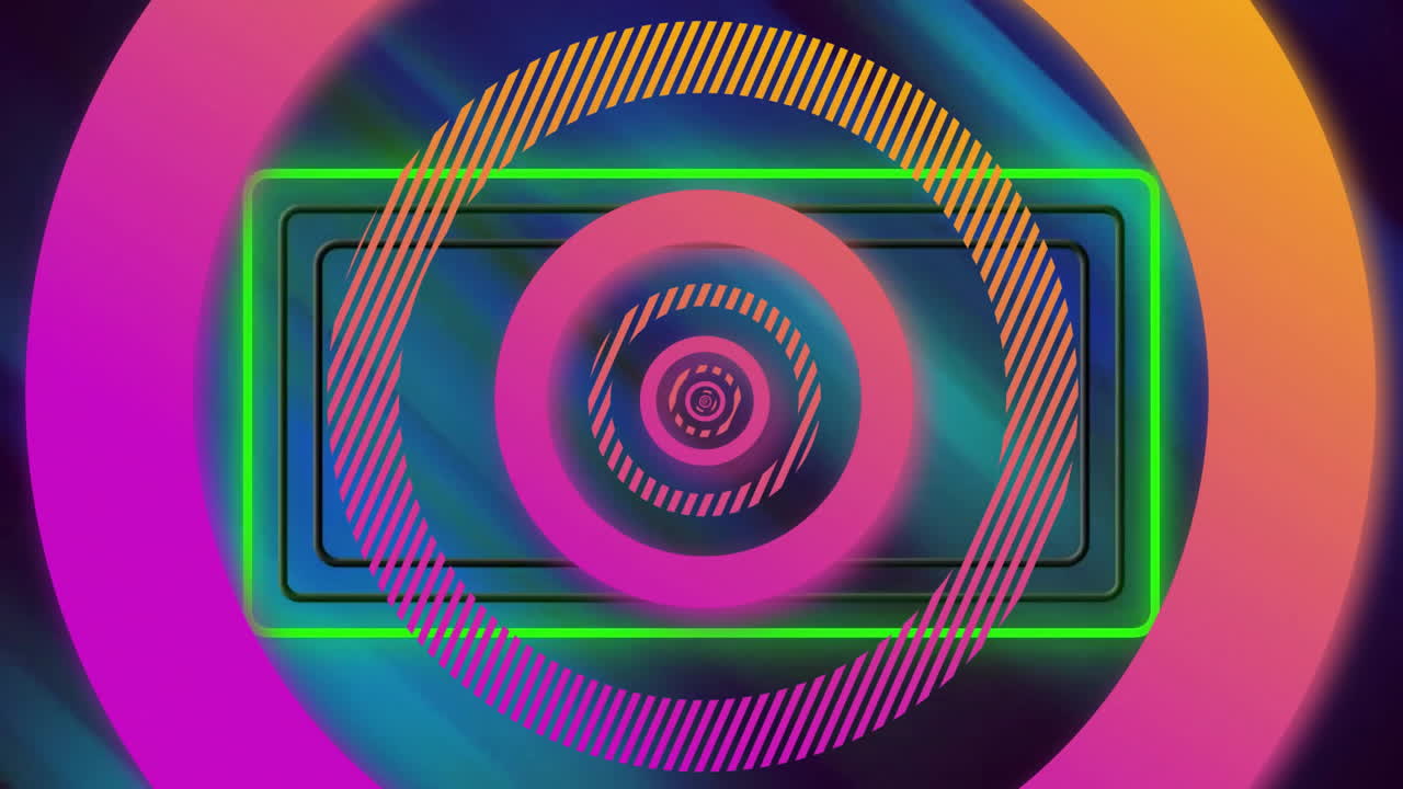 Animation of pink and orange loading rings over flashing neon rectangles on dark background