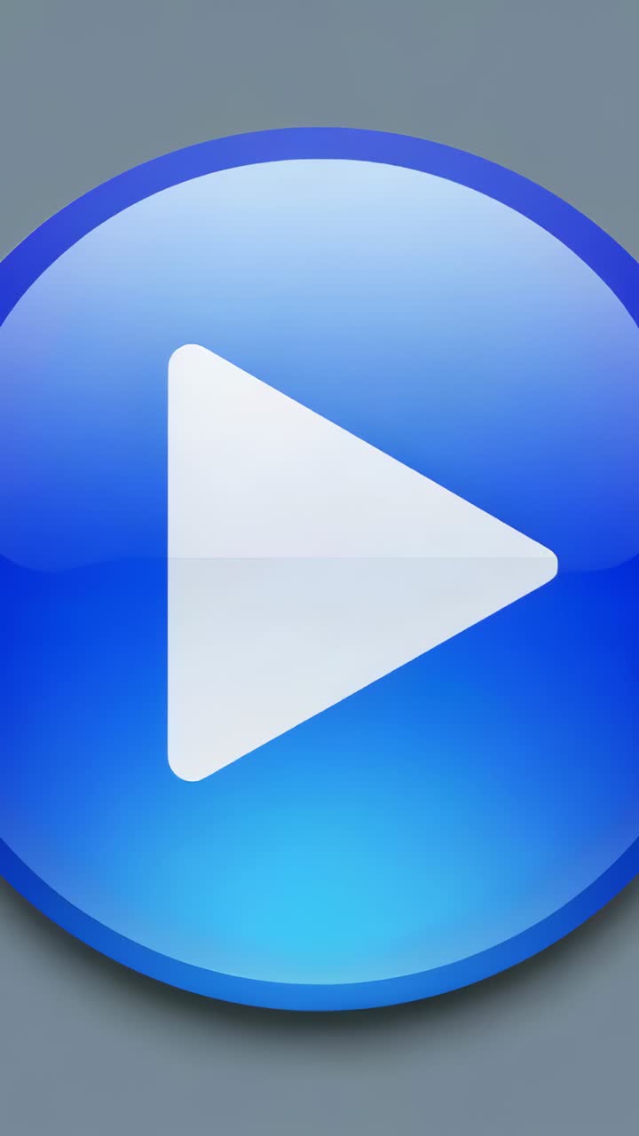 Vertical video: Shifting blue glossy play button nudging white triangle on loop at gray backdrop