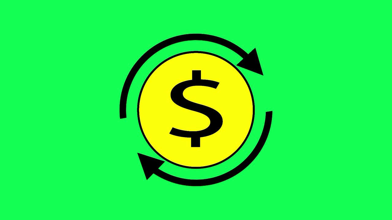 Illustrationsvideo af pengecirkulation, altid roterende pil og gul møntcirkel med dollarsymbol, 4K 60 FPS.
