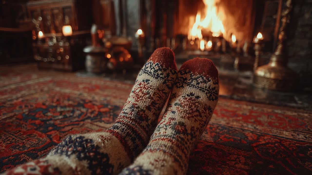 Cozy Moments by the Fireplace: Warm Socks Relaxing on a Vintage Rug in a Rustic Living Room with a Glowing Fire in the Background