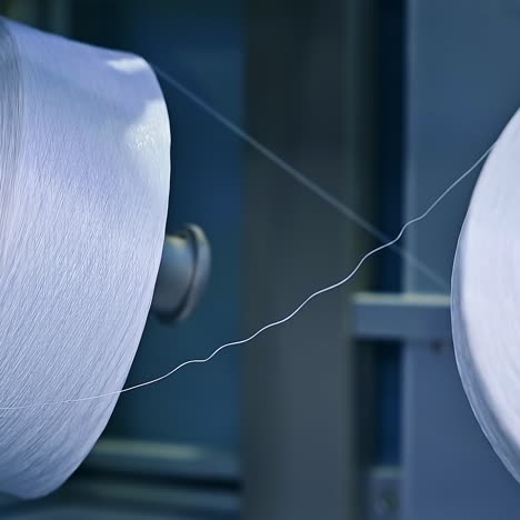 big bobbins of white thread being unwind. heavy reels of white yarn at the diaper producing plant. close up