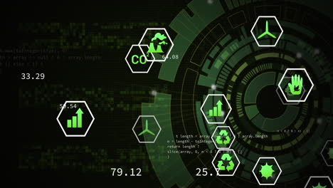 animación del procesamiento de datos y iconos digitales ecológicos sobre el giro del alcance