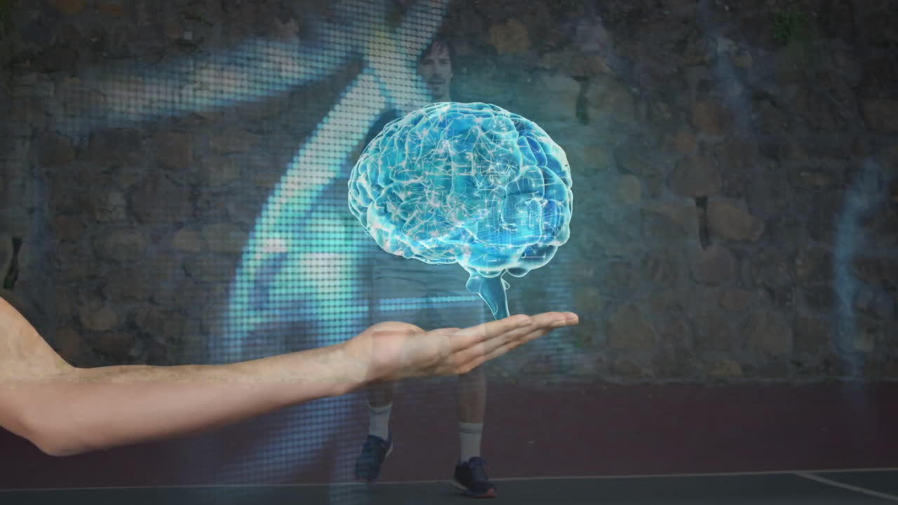 Male tennis player swinging racket indoors projecting blue holographic brain overlay for technology