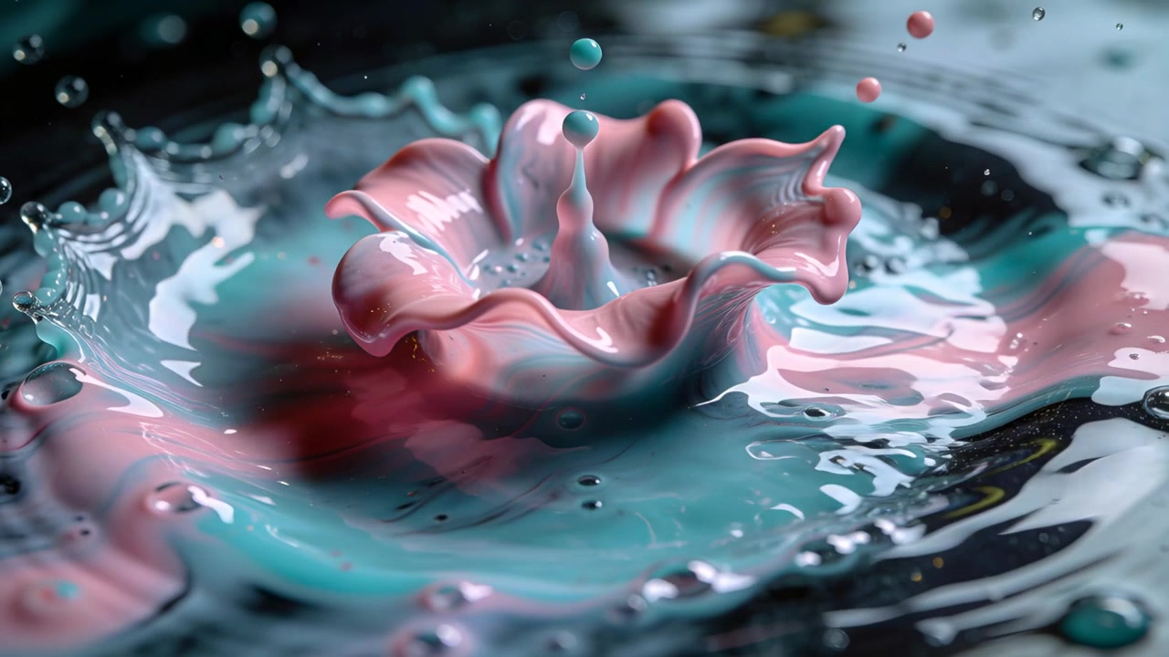 Goccia colorata vistosa che crea una corona scultorea dall'impatto su un vassoio, con contrasto rosa e verde acqua.
