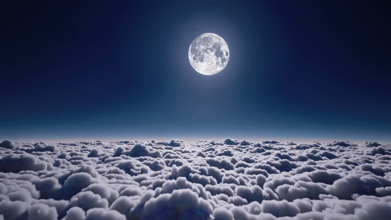 Zdjęcie lotnicze pełni księżyca oświetlającego morze chmur nocą, tworząc spokojną i mistyczną atmosferę