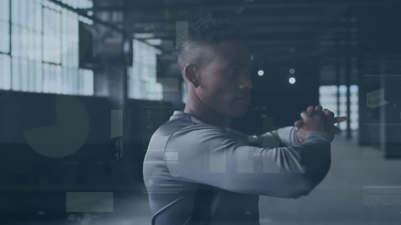 체육관에서 운동하는 젊은 아프리카인에 대한 차트와 그래프로 움직이는 데이터의 애니메이션