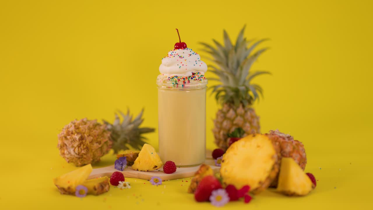 Hand adds pineapple garnish to creamy milkshake with fresh fruit, bright yellow background, static shot