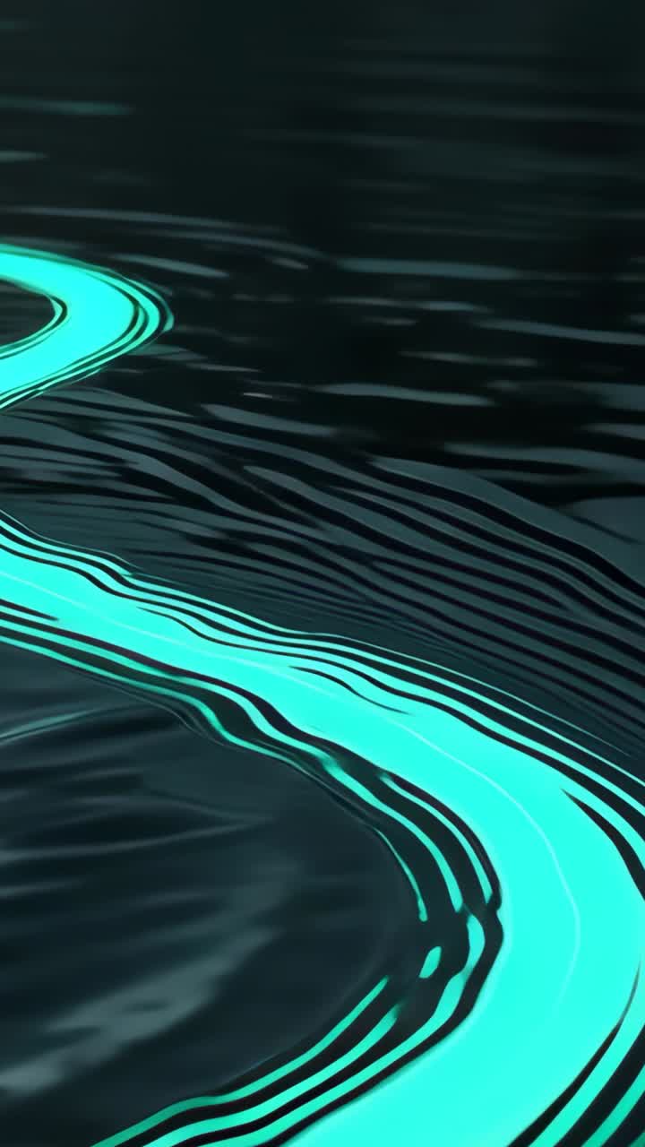 Vertical video: Scene starting turquoise ribbon waving across rippling liquid water at night