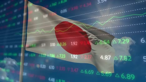 animation of financial statistics recording over flag of japan waving
