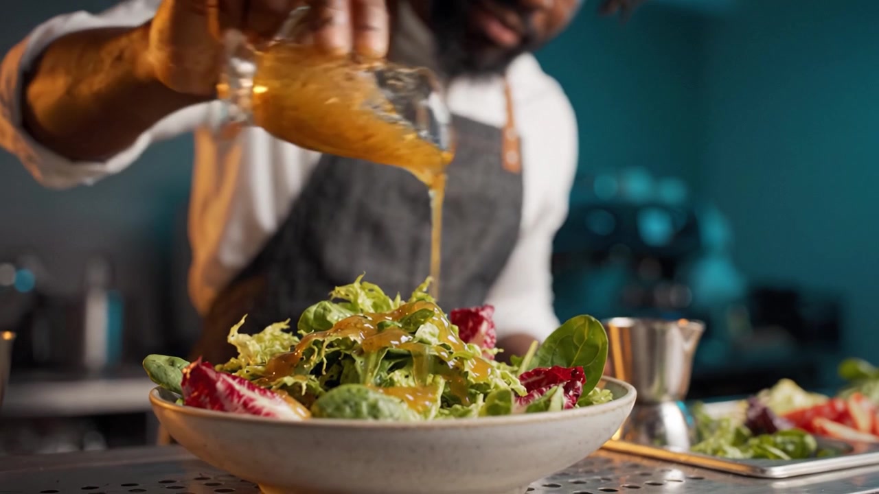 A skilled chef gracefully drizzles dressing over a fresh salad in a well-lit kitchen, showcasing culinary artistry and attention to vibrant, healthy ingredients.