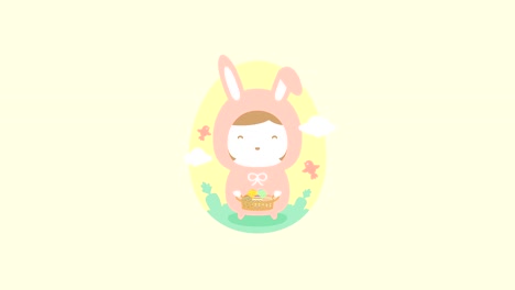 la niña conejo de pascua sosteniendo una colorida canasta de huevos de pascua con pájaro, zanahoria, nube pop up animación de bucle 4k sobre fondo blanco