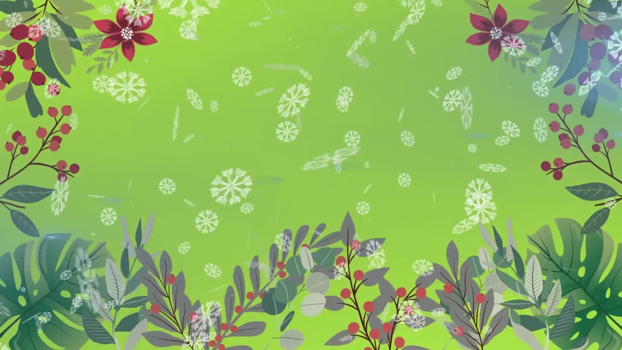 animación digital de copos de nieve que caen contra diseños florales sobre un fondo verde