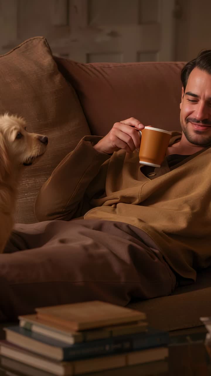 Vertical video: Reacting to dog's gaze man brown top turning to dog raising mug smiling on couch