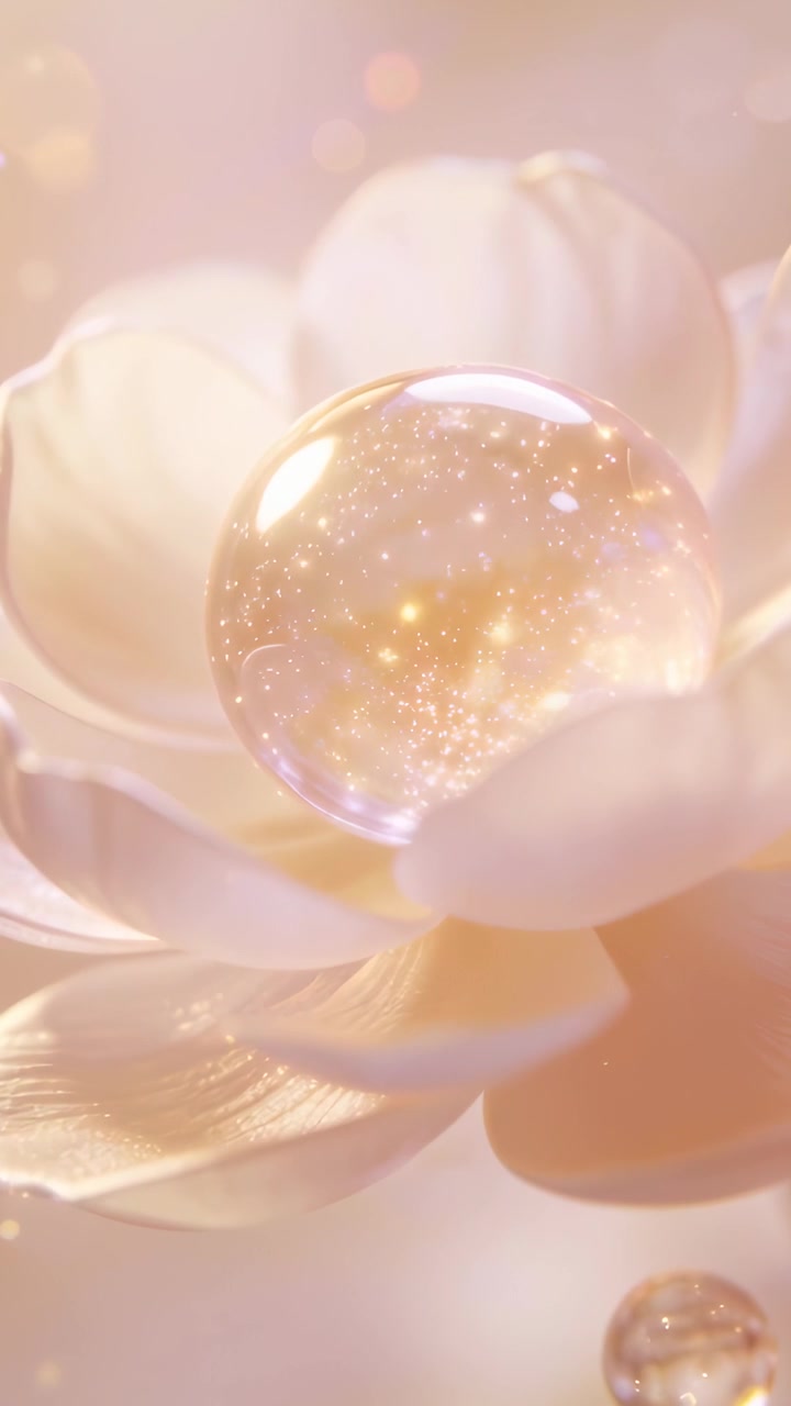 Video verticale: Sfera glitterata che ruota all'interno di un fiore color crema in macro, con luce che cambia e una gocciolina che sale.