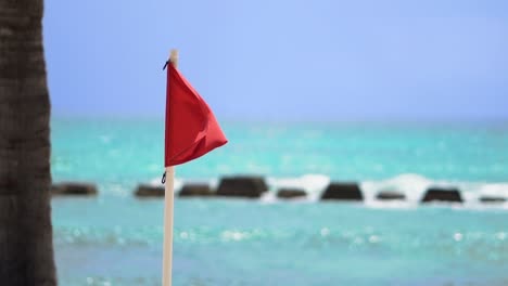 red flag waving in the wind on a tropical beach