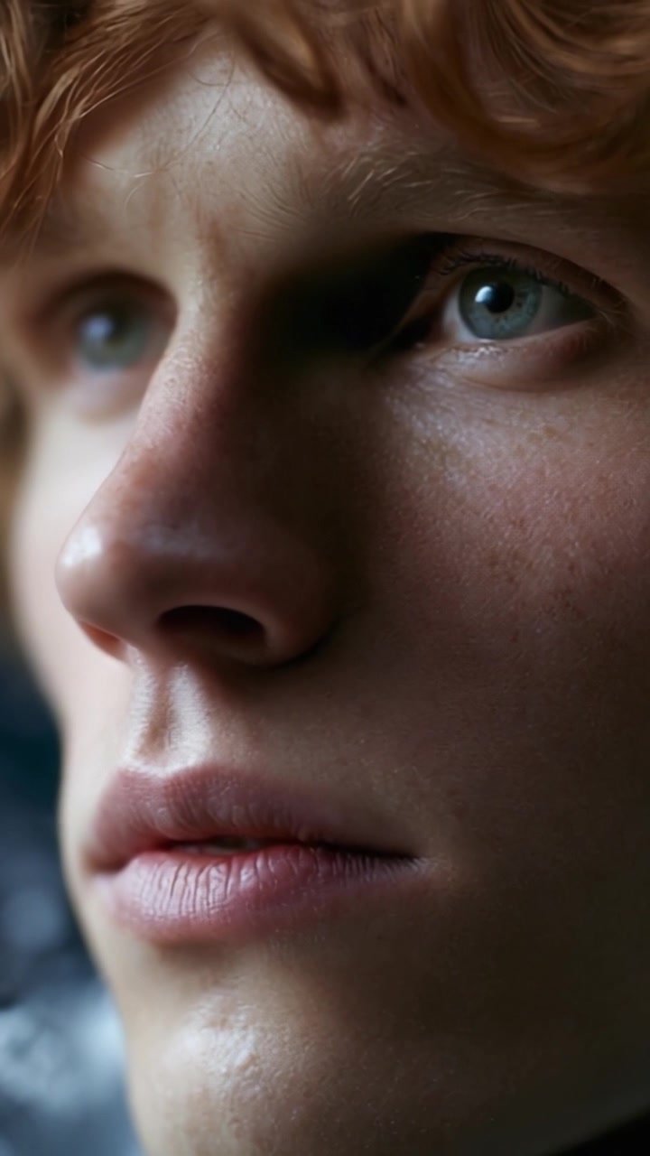 A Close-Up Perspective of a Young Man Reflecting Deep Emotions with Intense Eyes and Smooth Skin, Captured in Natural Light Showcase
