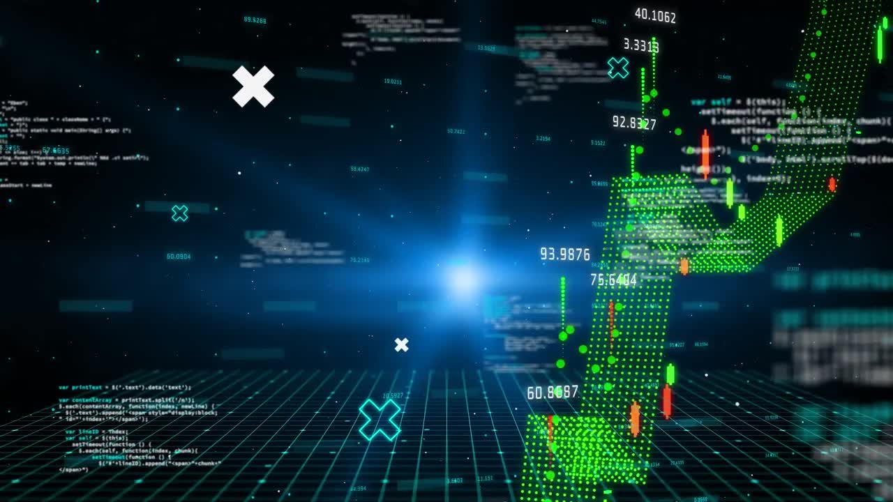 검은색 배경에 있는 데이터 처리 및 다이어그램의 애니메이션