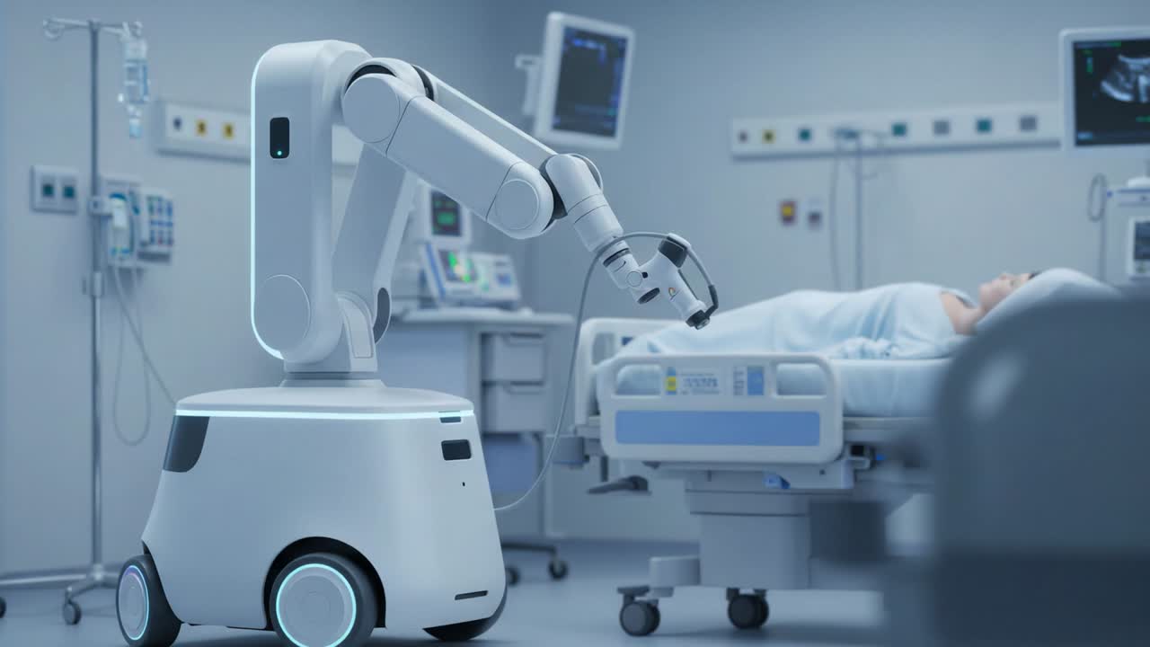 Innovative Healthcare Robotics: Advanced Robotic Arm Assisting Patient Care in a Modern Hospital Environment