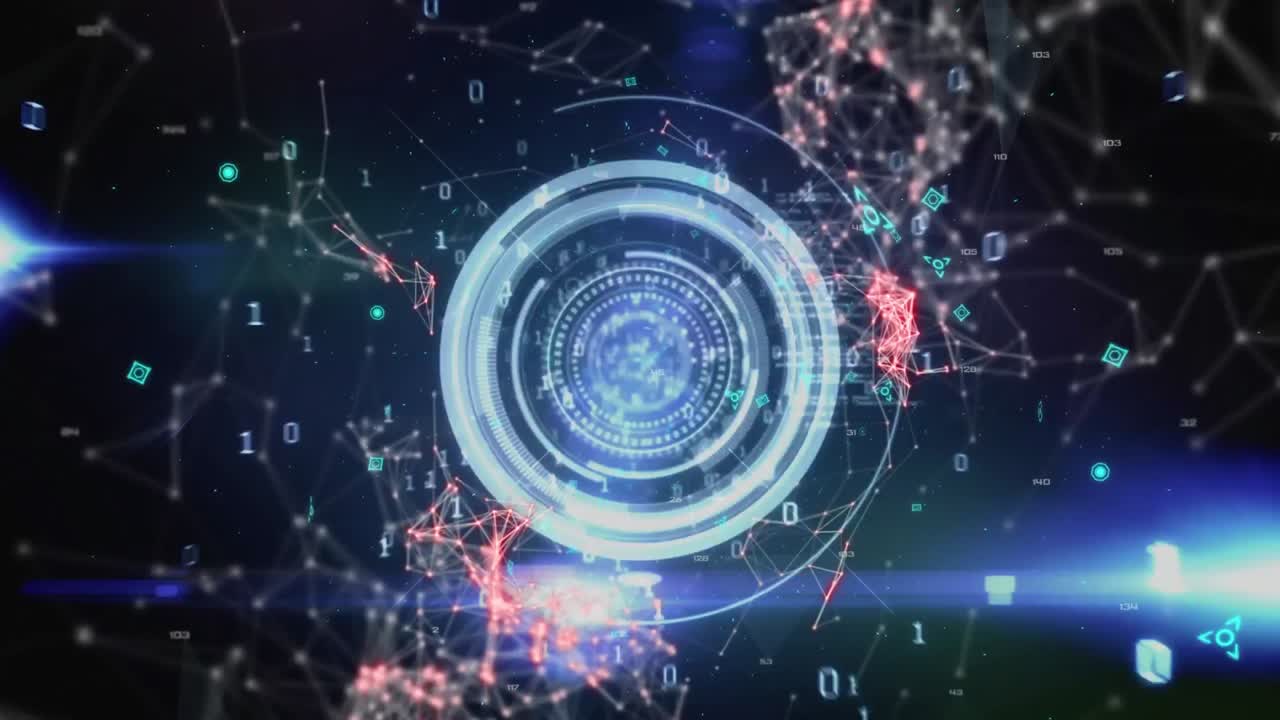 웹 연결을 통해 그 뒤에 여러 개의 파란 원이 있는 qr 코드의 애니메이션