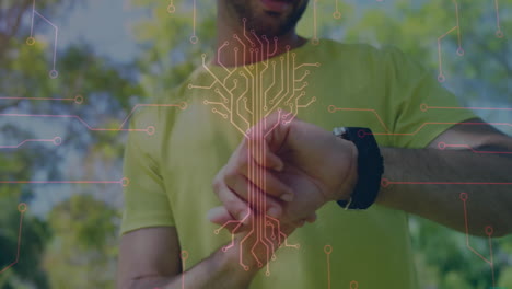 checking smartwatch, person using digital animation overlay in outdoor environment