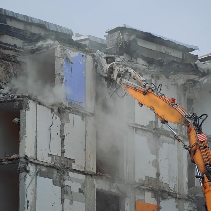 Escavatore che demolisce un edificio distrutto. Demolizione di una vecchia casa grande