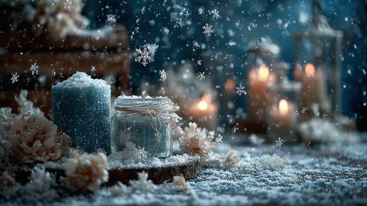 A Serene Winter Scene with Snowflakes Gently Falling on Elegant Candles and Decor, Creating a Tranquil Atmosphere Perfect for Cozy Nights