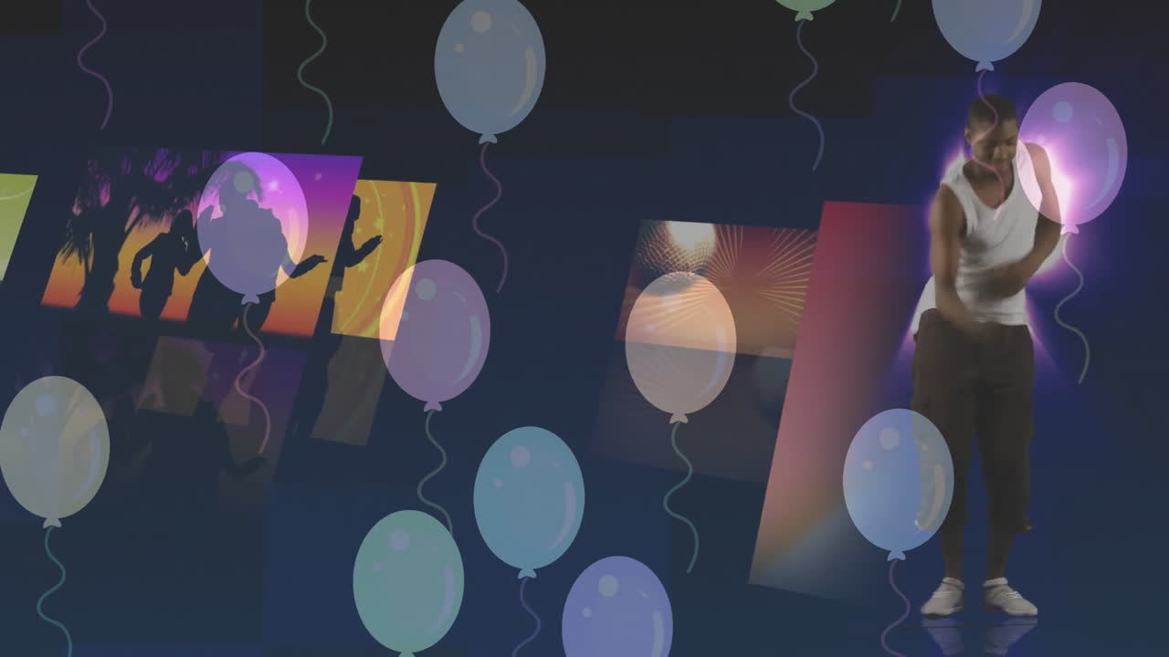 Dancing with colorful balloons, man celebrating in vibrant animation background
