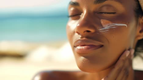 close-up video of a woman smiling with sunscreen on her face, capturing a serene beach background