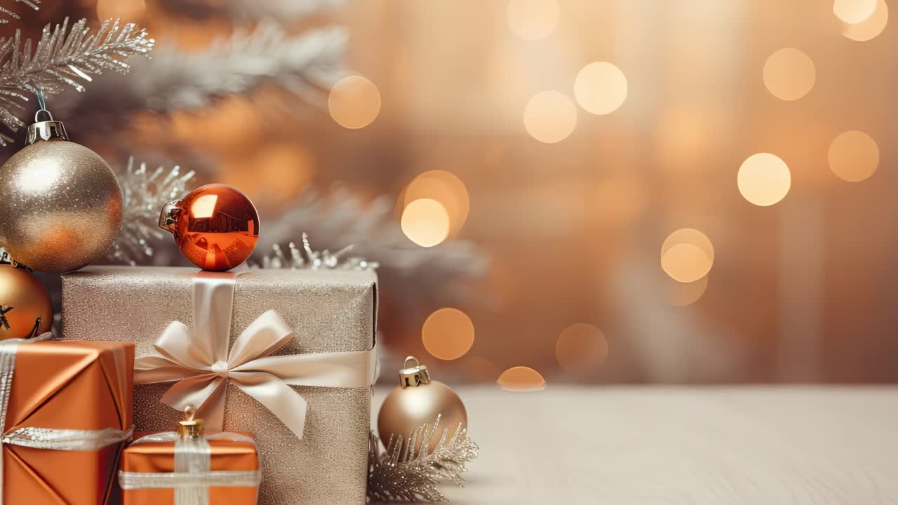 Festosa scena natalizia con regali e decorazioni sotto l'albero. Una messa a fuoco morbida e un bokeh caldo creano un'atmosfera accogliente