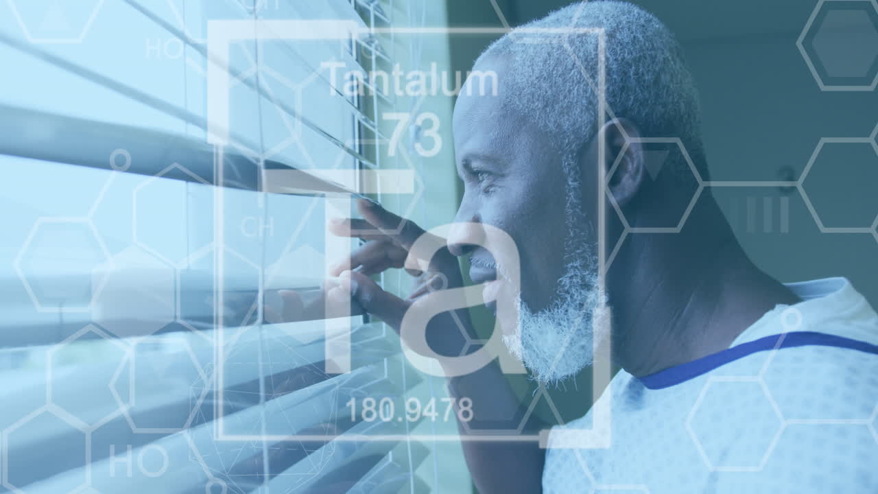 Animation of chemical names and forms over happy senior male hospital patient looking out of window