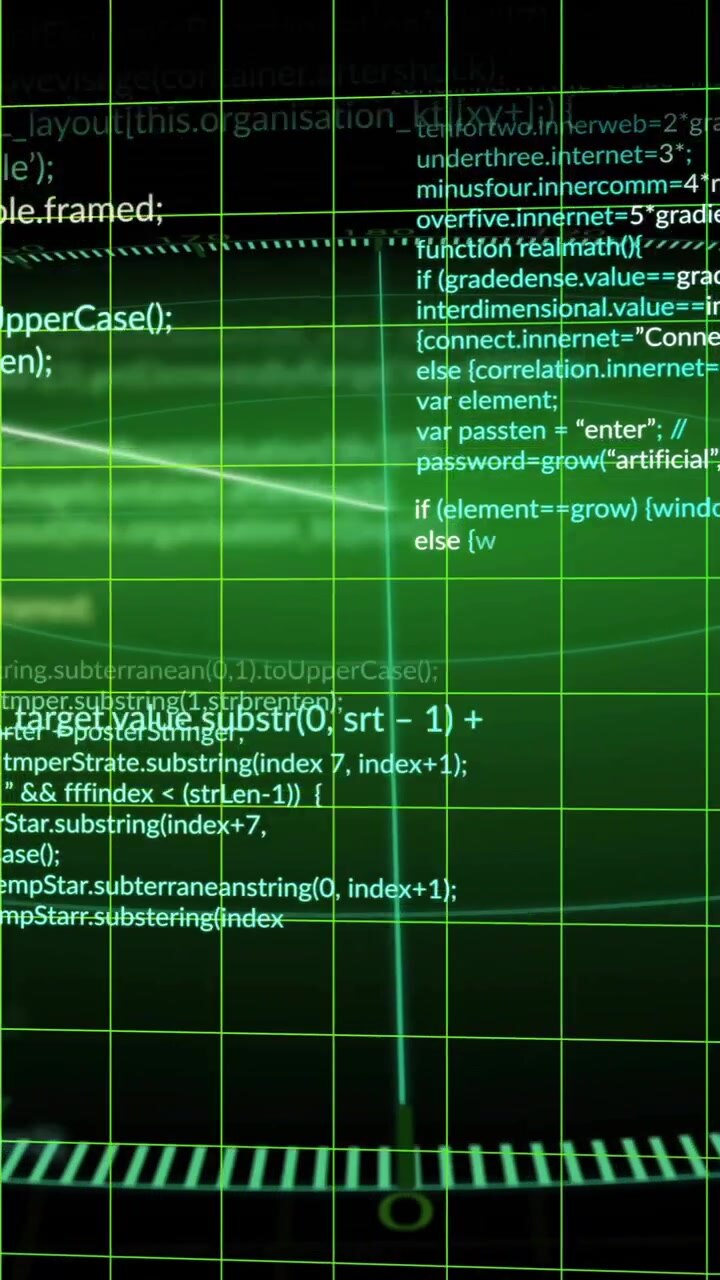 Computer code and data processing animation over green grid background